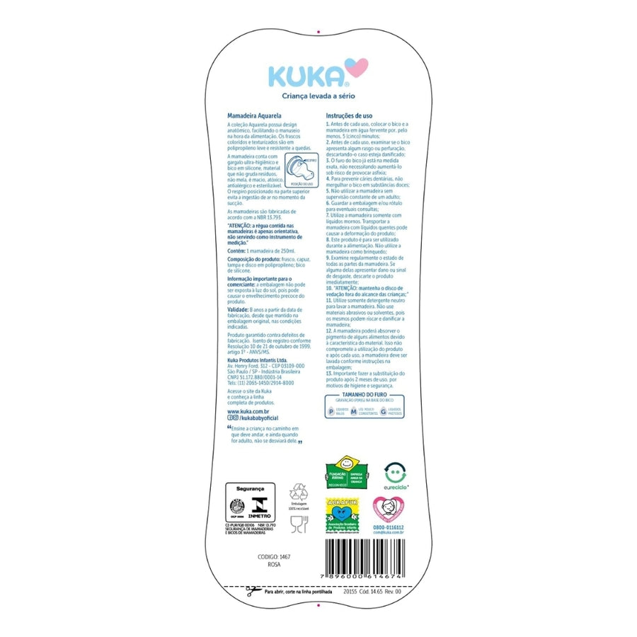 Mamadera Biberón 250 ml Acuarela Número 2, Kuka, Rosa