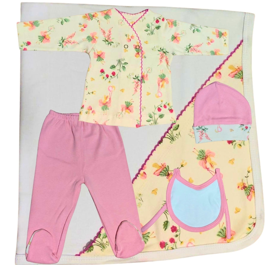 Set Completo 5 Piezas– Manta, Batita, Pelele, Gorro y Babero