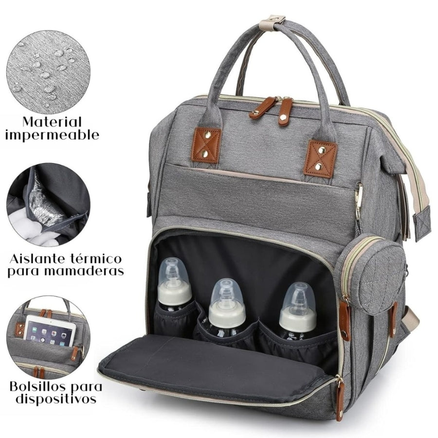 Mochila maternal convertible con cambiador. Gris
